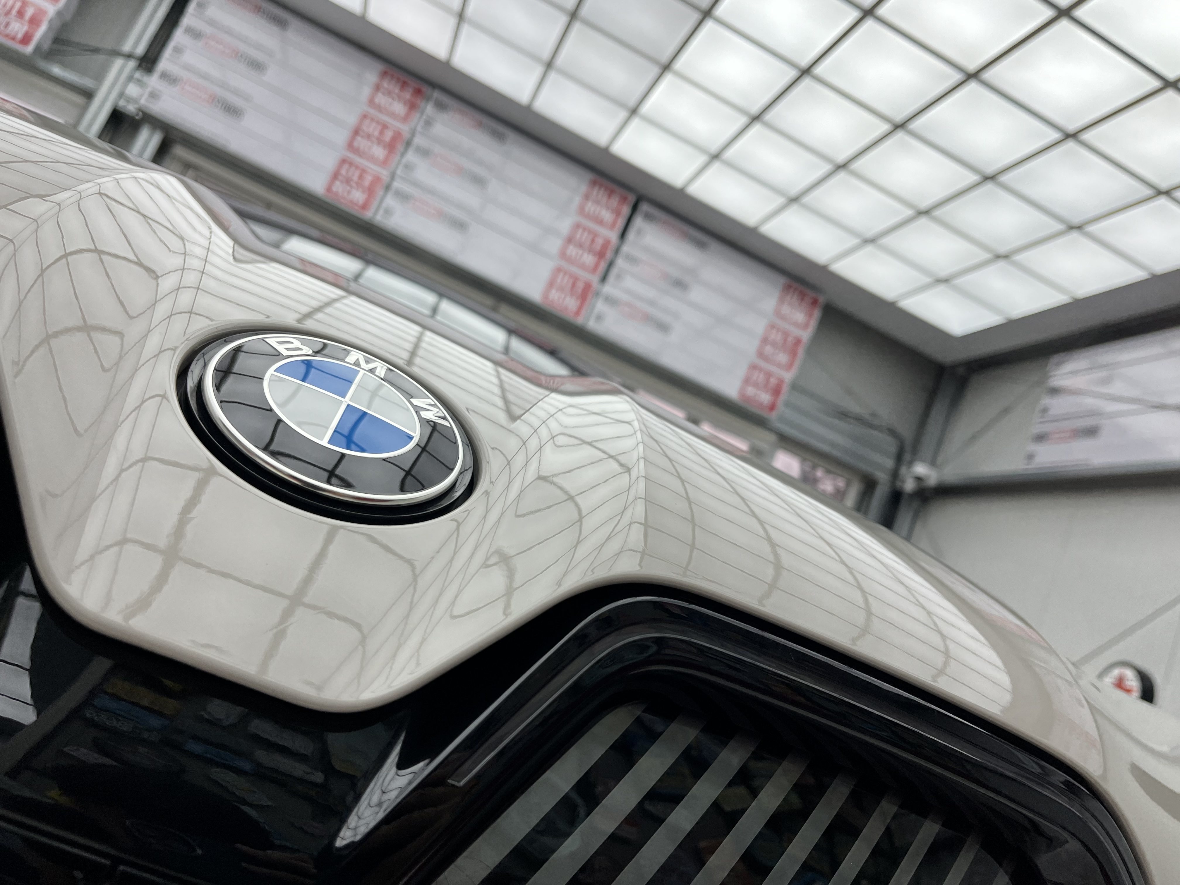 보닛과 BMW 엠블럼을 가까이서 찍은 사진, 빛에 비친 필름의 격자 무늬